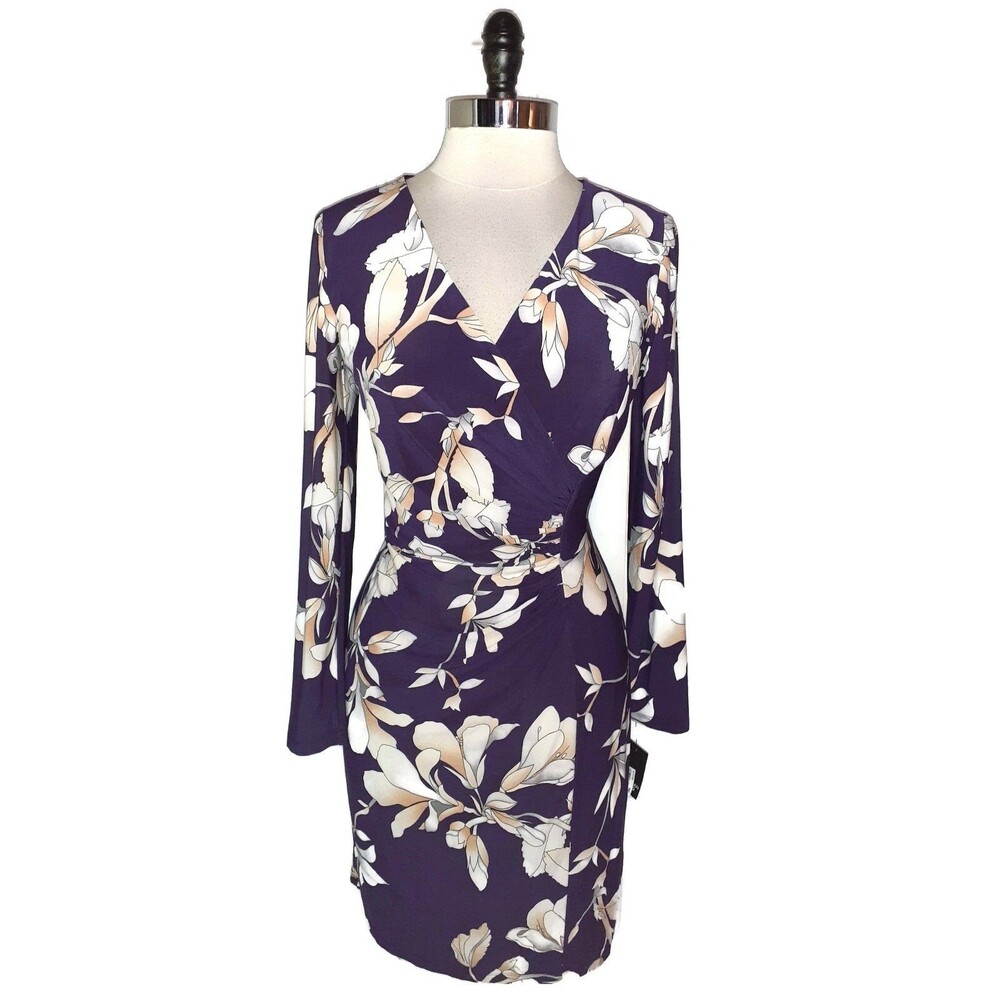 NEW AMERICAN LIVING Sz 10 Sheath Dress Purple Beige Floral Long Sleeve Stretch